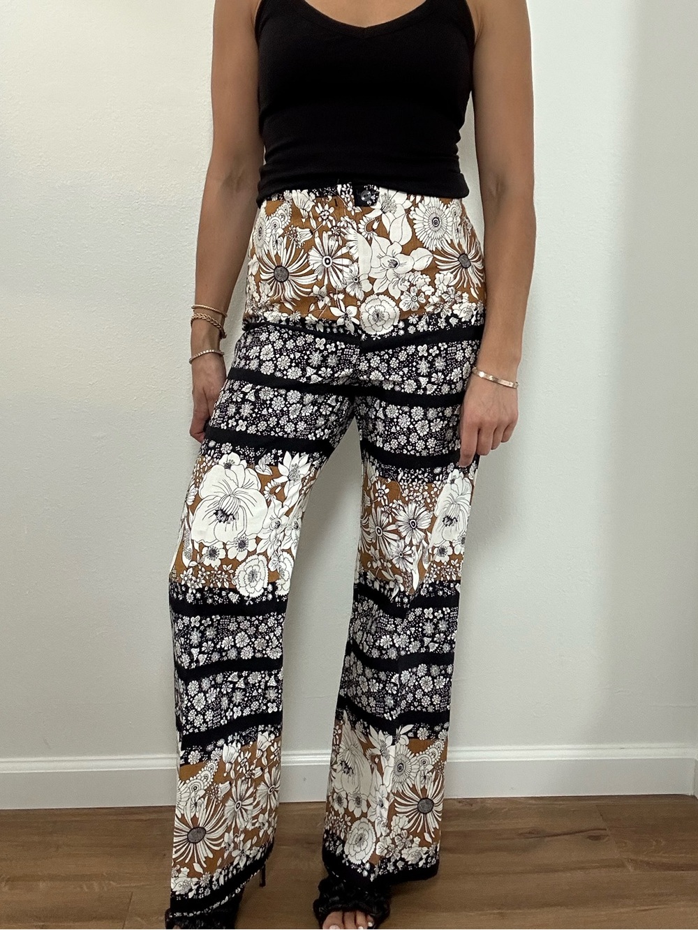 Vintage 70’s Floral Striped Wide-Leg Pants Black, Brown & White Size S